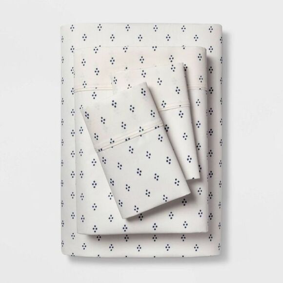 Threshold - King 400 Thread Count Dot Print Performance Sheet  White/Blue - Picture 1 of 4